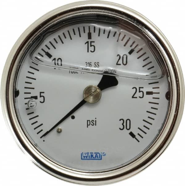 Wika - 2-1/2" Dial, 1/4 Thread, 0-30 Scale Range, Pressure Gauge - Center Back Connection Mount, Accurate to 2-1-2% of Scale - Americas Industrial Supply