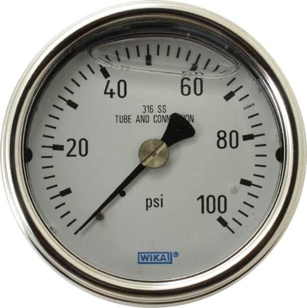 Wika - 2-1/2" Dial, 1/4 Thread, 0-100 Scale Range, Pressure Gauge - Center Back Connection Mount, Accurate to 2-1-2% of Scale - Americas Industrial Supply