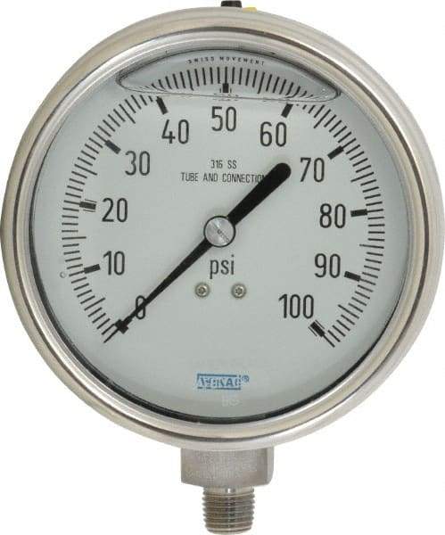 Wika - 4" Dial, 1/4 Thread, 0-100 Scale Range, Pressure Gauge - Lower Connection Mount, Accurate to 1% of Scale - Americas Industrial Supply