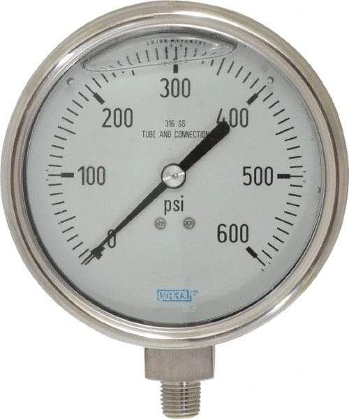 Wika - 4" Dial, 1/4 Thread, 0-600 Scale Range, Pressure Gauge - Lower Connection Mount, Accurate to 1% of Scale - Americas Industrial Supply