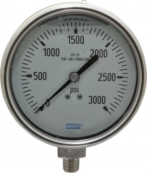 Wika - 4" Dial, 1/4 Thread, 0-3,000 Scale Range, Pressure Gauge - Lower Connection Mount, Accurate to 1% of Scale - Americas Industrial Supply