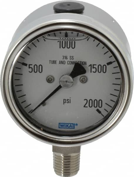 Wika - 2-1/2" Dial, 1/4 Thread, 0-2,000 Scale Range, Pressure Gauge - Lower Connection Mount, Accurate to 2-1-2% of Scale - Americas Industrial Supply