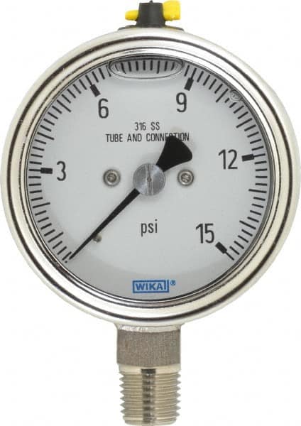 Wika - 2-1/2" Dial, 1/4 Thread, 15 Scale Range, Pressure Gauge - Lower Connection Mount, Accurate to 2-1-2% of Scale - Americas Industrial Supply