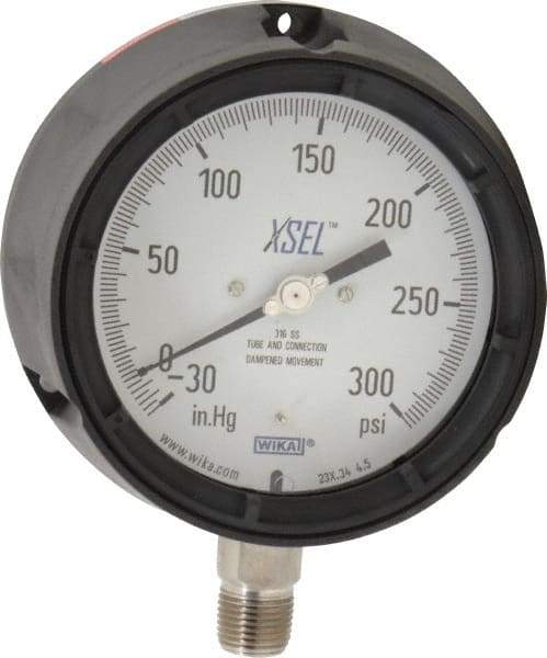 Wika - 4-1/2" Dial, 1/2 Thread, 30-0-300 Scale Range, Pressure Gauge - Lower Connection Mount, Accurate to 0.5% of Scale - Americas Industrial Supply