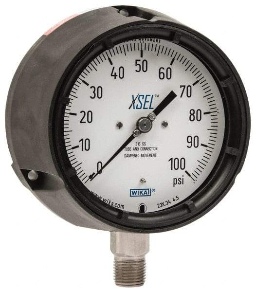 Wika - 4-1/2" Dial, 1/2 Thread, 0-100 Scale Range, Pressure Gauge - Lower Connection Mount, Accurate to 0.5% of Scale - Americas Industrial Supply
