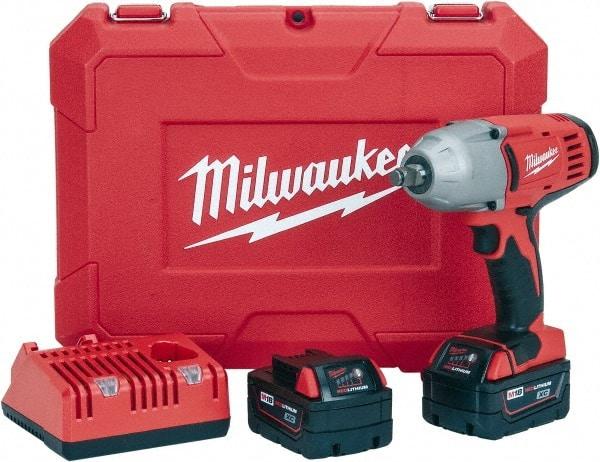 Milwaukee Tool - 1/2" Drive 18 Volt Pistol Grip Cordless Impact Wrench & Ratchet - 0 to 1,900 RPM, 0 to 2,200 BPM, 450 Ft/Lb Torque, 2 Lithium-Ion Batteries Included - Americas Industrial Supply