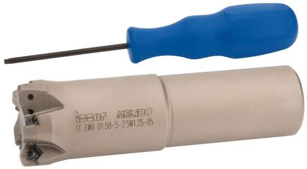 Iscar - 1-1/2" Cut Diam, 0.04" Max Depth, 1-1/4" Shank Diam, Weldon Shank Indexable High-Feed End Mill - Screw Holding Method, H600 WXCU 05 Insert, FF EWX-05 Toolholder, Through Coolant - Americas Industrial Supply