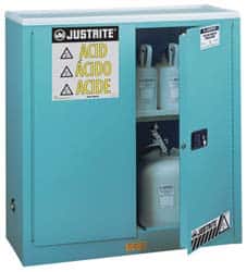 Justrite - 2 Door, 1 Shelf, Blue Steel Standard Safety Cabinet for Corrosive Chemicals - 44" High x 43" Wide x 18" Deep, Manual Closing Door, 3 Point Key Lock, 30 Gal Capacity - Americas Industrial Supply