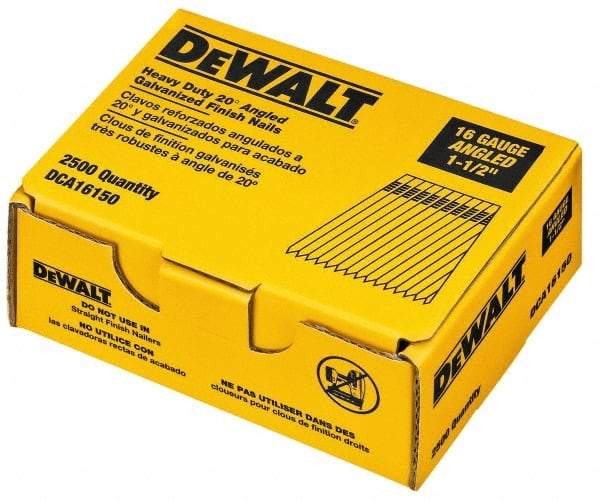 DeWALT - 16 Gauge 1-1/2" Long Finishing Nails for Power Nailers - Grade 2 Steel, Galvanized Finish, Angled Stick Collation - Americas Industrial Supply