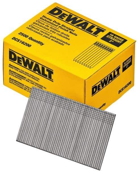DeWALT - 16 Gauge 2" Long Finishing Nails for Power Nailers - Grade 2 Steel, Galvanized Finish, Straight Stick Collation - Americas Industrial Supply