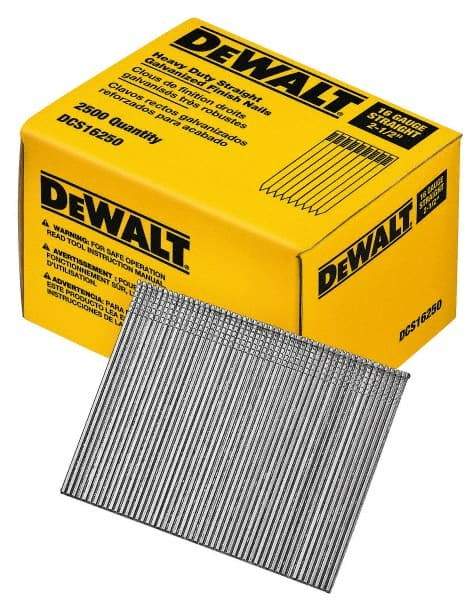 DeWALT - 16 Gauge 2-1/2" Long Finishing Nails for Power Nailers - Grade 2 Steel, Galvanized Finish, Straight Stick Collation - Americas Industrial Supply