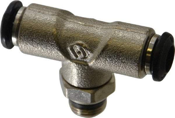 Alpha Technologies - 6mm Outside Diam, 1/8 Universal, Nickel Plated Brass Push-to-Connect Tube Male Swivel Branch Tee - 250 Max psi, Tube to Universal Thread Connection, Buna O-Ring - Americas Industrial Supply