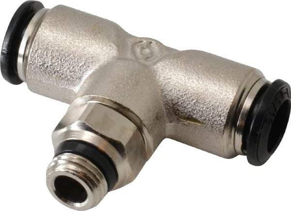 Alpha Technologies - 8mm Outside Diam, 1/8 Universal, Nickel Plated Brass Push-to-Connect Tube Male Swivel Branch Tee - 250 Max psi, Tube to Universal Thread Connection, Buna O-Ring - Americas Industrial Supply
