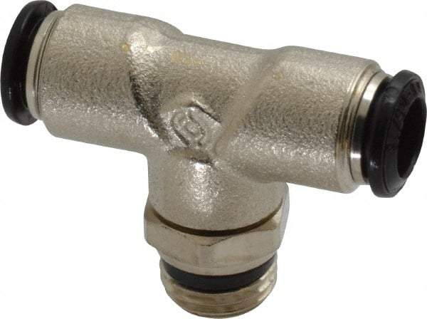 Alpha Technologies - 8mm Outside Diam, 1/4 Universal, Nickel Plated Brass Push-to-Connect Tube Male Swivel Branch Tee - 250 Max psi, Tube to Universal Thread Connection, Buna O-Ring - Americas Industrial Supply