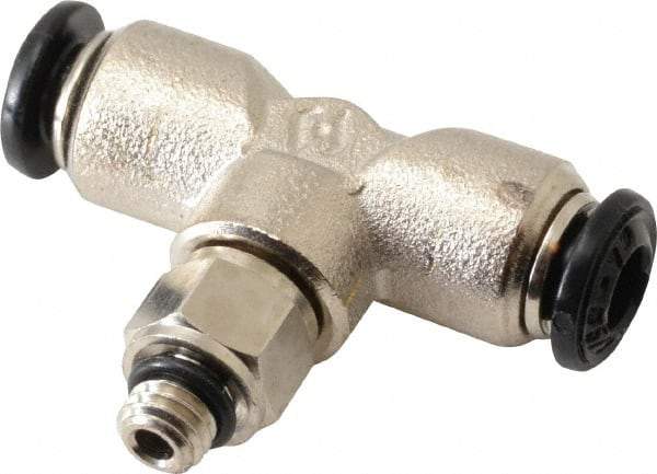 Alpha Technologies - 4mm Outside Diam, M5 Metric, Nickel Plated Brass Push-to-Connect Tube Male Swivel Branch Tee - 250 Max psi, Tube to Metric Thread Connection, Buna O-Ring - Americas Industrial Supply