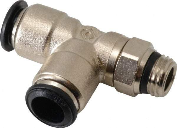 Alpha Technologies - 10mm Outside Diam, 1/4 Universal, Nickel Plated Brass Push-to-Connect Tube Male Swivel Run Tee - 250 Max psi, Tube to Universal Thread Connection, Buna O-Ring - Americas Industrial Supply
