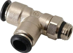 Alpha Technologies - 10mm Outside Diam, 1/4 Universal, Nickel Plated Brass Push-to-Connect Tube Male Swivel Run Tee - 250 Max psi, Tube to Universal Thread Connection, Buna O-Ring - Americas Industrial Supply