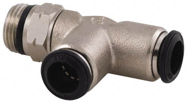 Alpha Technologies - 5mm Outside Diam, 1/8 Universal, Nickel Plated Brass Push-to-Connect Tube Male Swivel Run Tee - 250 Max psi, Tube to Universal Thread Connection, Buna O-Ring - Americas Industrial Supply