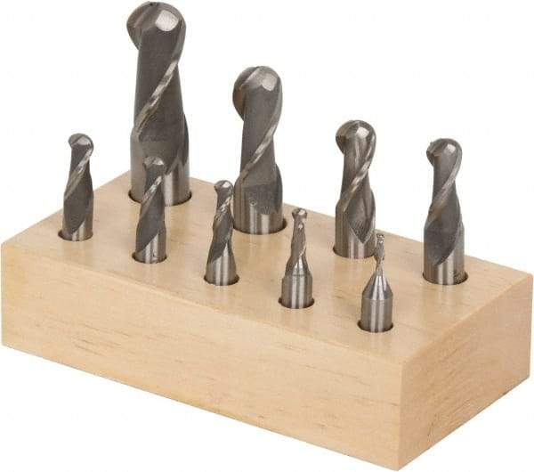 Interstate - 1/8 to 3/4", 2 Flute Ball End Mill Set - Uncoated, High Speed Steel, Single End, 3/8, 1/2, 3/4" Shank Diam, Centercutting - Americas Industrial Supply