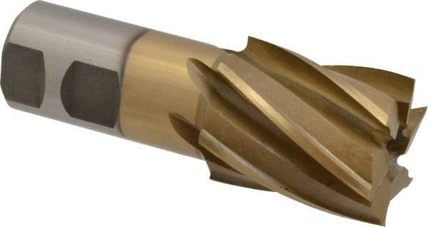 Interstate - 1-5/8", 2" LOC, 1-1/4" Shank Diam, 4-1/2" OAL, 6 Flute, High Speed Steel Square End Mill - Single End, TiN Finish, Spiral Flute, 30° Helix, Right Hand Cut, Right Hand Flute - Americas Industrial Supply