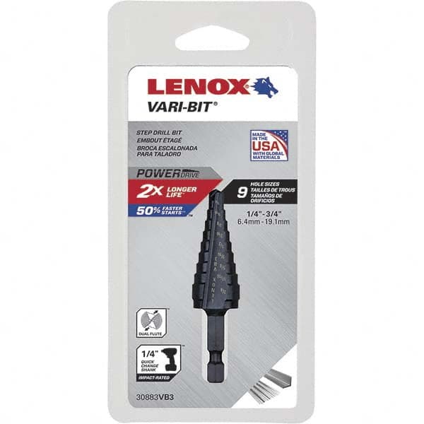 Lenox - 9 Hole Sizes, 1/4 to 3/4" Hole Diam High Speed Steel Split Point Step Drill Bit - Americas Industrial Supply