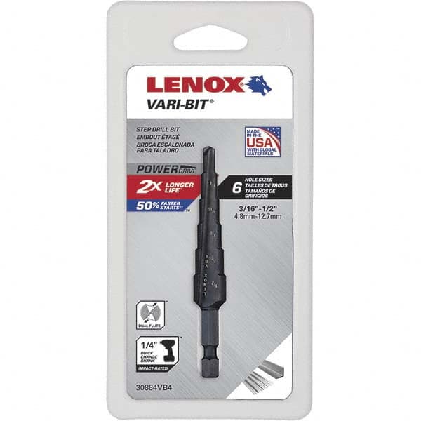 Lenox - 6 Hole Sizes, 3/16 to 1/2" Hole Diam High Speed Steel Split Point Step Drill Bit - Americas Industrial Supply