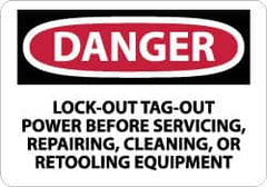 NMC - "Danger - Lock Out, Tag-out Power Before Servicing, Repairing, Cleaning, or Retooling Equipment", 10" Long x 14" Wide, Rigid Plastic Safety Sign - Rectangle, 0.05" Thick, Use for Accident Prevention - Americas Industrial Supply