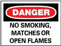 NMC - "Danger - No Smoking, Matches or Open Flames", 10" Long x 14" Wide, Pressure-Sensitive Vinyl Safety Sign - Rectangle, 0.004" Thick, Use for Accident Prevention - Americas Industrial Supply
