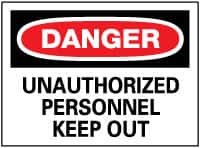 NMC - "Danger - Unauthorized Personnel - Keep Out", 10" Long x 14" Wide, Pressure-Sensitive Vinyl Safety Sign - Rectangle, 0.004" Thick, Use for Security & Admittance - Americas Industrial Supply