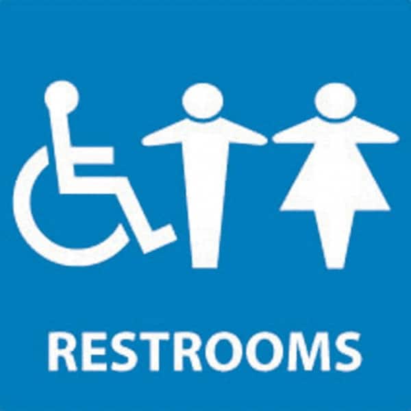 NMC - Restrooms, 7" Wide x 7" High, Vinyl Sign - English, White on Blue, Wall Mount - Americas Industrial Supply