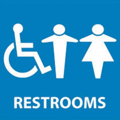 NMC - Restrooms, 7" Wide x 7" High, Vinyl Sign - English, White on Blue, Wall Mount - Americas Industrial Supply