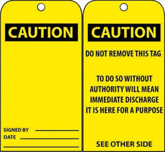 NMC - 3" High x 6" Long, CAUTION, English Safety & Facility Accident Prevention Tag - Tag Header: CAUTION, 2 Sides, Black & Yellow Unrippable Vinyl - Americas Industrial Supply