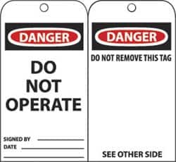 NMC - 3" High x 6" Long, DANGER - DO NOT OPERATE, English Safety & Facility Accident Prevention Tag - Tag Header: Danger, 2 Sides, Black, Red & White Unrippable Vinyl - Americas Industrial Supply
