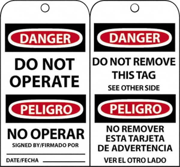 NMC - 3" High x 6" Long, DANGER - DO NOT OPERATE, English & Spanish Safety & Facility Accident Prevention Tag - Tag Header: Danger, 2 Sides, Black, Red & White Unrippable Vinyl - Americas Industrial Supply