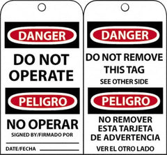 NMC - 3" High x 6" Long, DANGER - DO NOT OPERATE, English & Spanish Safety & Facility Accident Prevention Tag - Tag Header: Danger, 2 Sides, Black, Red & White Unrippable Vinyl - Americas Industrial Supply