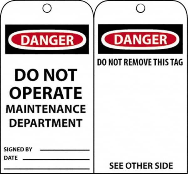 NMC - 3" High x 6" Long, DANGER - DO NOT OPERATE-MAINTENANCE DEPARTMENT, English Safety & Facility Accident Prevention Tag - Tag Header: Danger, 2 Sides, Black, Red & White Unrippable Vinyl - Americas Industrial Supply