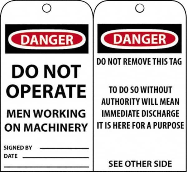 NMC - 3" High x 6" Long, DANGER - DO NOT OPERATE - MEN WORKING ON MACHINERY, English Safety & Facility Accident Prevention Tag - Tag Header: Danger, 2 Sides, Black, Red & White Unrippable Vinyl - Americas Industrial Supply