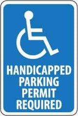 NMC - "Handicapped Parking - Permit Required", "Handicapped Symbol", 12" Wide x 18" High, Aluminum ADA Signs - 0.04" Thick, White on Blue, Rectangle, Wall Mount - Americas Industrial Supply