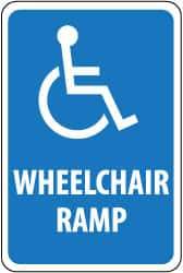 NMC - "Wheelchair Ramp", "Handicap Symbol", 12" Wide x 6" High, Aluminum ADA Signs - 0.08" Thick, Blue on White, Engineer Grade Reflectivity, Rectangle, Post Mount - Americas Industrial Supply