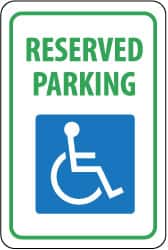 NMC - "Reserved Parking", "Handicapped Symbol", 12" Wide x 18" High, Aluminum ADA Signs - 0.04" Thick, Green & Blue on White, Rectangle, Wall Mount - Americas Industrial Supply