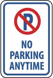 NMC - "No Parking Anytime", "Strike on P", 12" Wide x 18" High, Aluminum No Parking & Tow Away Signs - 0.08" Thick, Red & Blue on White, Engineer Grade Reflectivity, Rectangle, Post Mount - Americas Industrial Supply