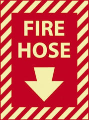 NMC - Fire Hose, Pressure Sensitive Vinyl Fire Sign - 9" Wide x 12" High, Glow-in-the-Dark - Americas Industrial Supply