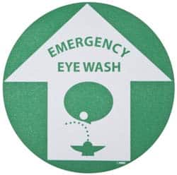 NMC - Emergency Eye Wash, Anti-Skid Pressure-Sensitive Vinyl Floor Sign - Round, Green on White, Adhesive Backed, For First Aid - Americas Industrial Supply