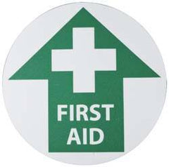 NMC - First Aid, Anti-Skid Pressure-Sensitive Vinyl Floor Sign - Round, Green on White, Adhesive Backed, For First Aid - Americas Industrial Supply