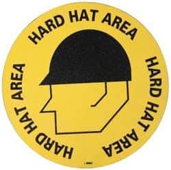 NMC - Hard Hat Area, Anti-Skid Pressure-Sensitive Vinyl Floor Sign - Round, Black on Yellow, Adhesive Backed, For Accident Prevention - Americas Industrial Supply