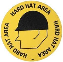 NMC - Hard Hat Area, Anti-Skid Pressure-Sensitive Vinyl Floor Sign - Round, Black on Yellow, Adhesive Backed, For Accident Prevention - Americas Industrial Supply