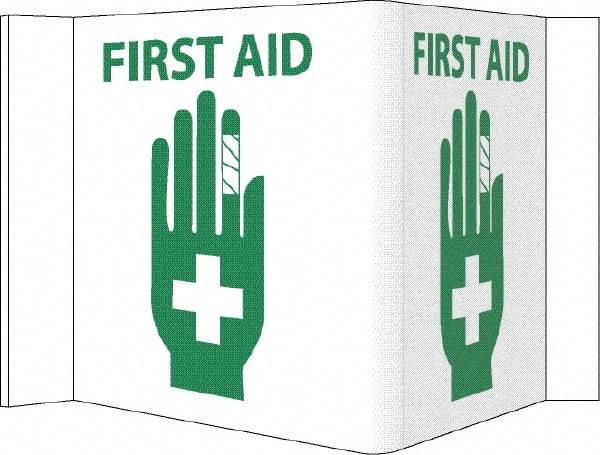 NMC - "First Aid", 5-3/4" Long x 8-3/4" Wide, Rigid Plastic Safety Sign - Rectangle, 0.125" Thick, Use for First Aid - Americas Industrial Supply