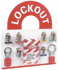 NMC - 10 Piece, Equipped Plexiglass Tag and Padlock / Hasp Station - 14 Inch Wide x 15-1/2 Inch High, White and White on Red - Americas Industrial Supply