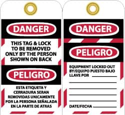 NMC - 3" High x 6" Long, DANGER - THIS TAG & LOCK TO BE REMOVED ONLY BY THE PERSON SHOWN ON BACK, English & Spanish Safety & Facility Lockout Tag - Tag Header: Danger, 2 Sides, Black, Red & White Unrippable Vinyl - Americas Industrial Supply