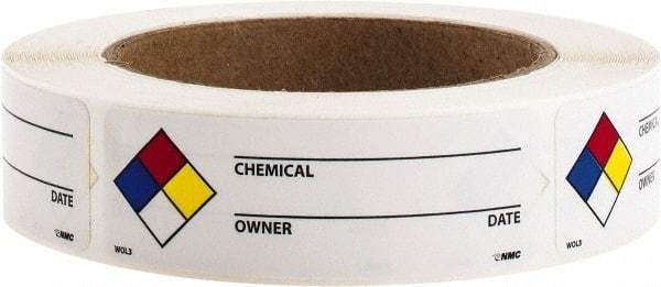 NMC - Hazardous Materials Label - Legend: Chemical ___ - Owner ___ - Date ___, English, Black, Blue, Red, Yellow & White, 3" Long x 1" High, Sign Muscle Finish - Americas Industrial Supply
